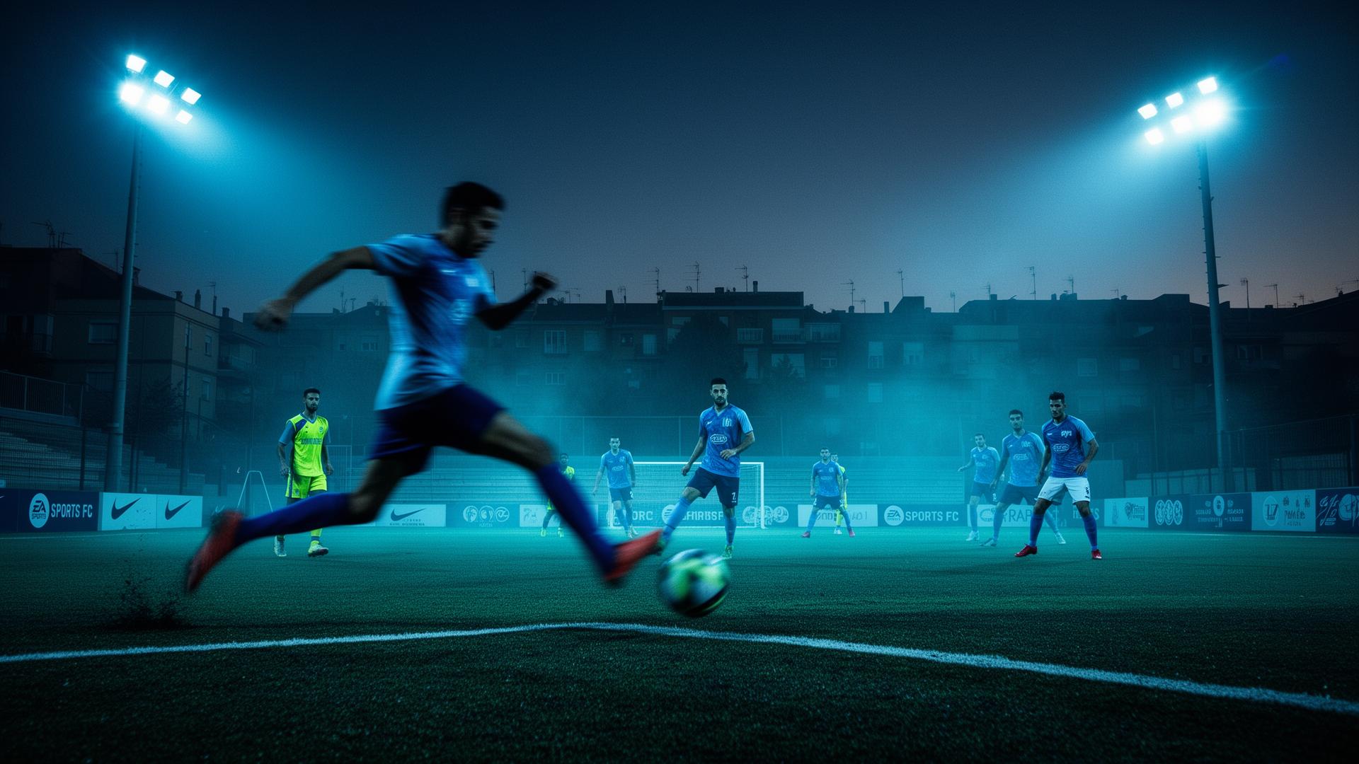 Partido de fútbol 7 nocturno bajo focos de estadio en Vicálvaro, Madrid